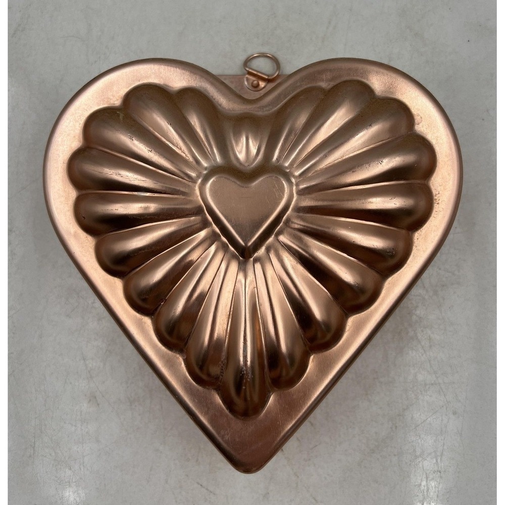 Vintage Copper Heart Shaped Fluted Cake Jello Mold Wall Decor Hanging Loop